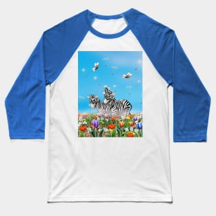 Summer Stroll, Cute Zebras, Beautiful Flowers Glad, Sunny Day, Watercolor Illustration Baseball T-Shirt